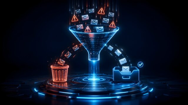 Automated email filtering and spam sorting concept with glowing digital funnel and inbox management hologram