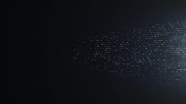Dark digital particle skyline visual scattered white dots, subtle city depth, and black copy space. for business intros, urban 19 clips, data overlays, cyber scenes, and motion graphics.