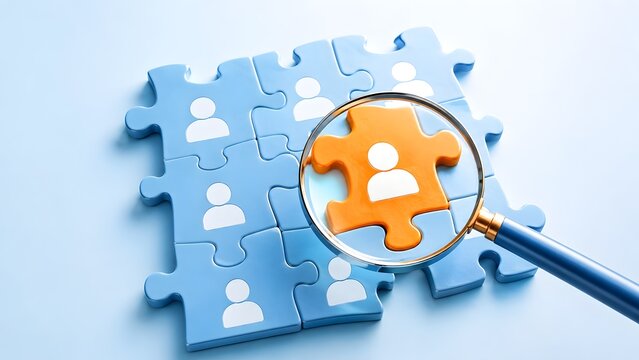 Human resources recruitment concept with magnifying glass focusing on unique orange employee puzzle piece among blue team members