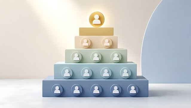 3D pyramid of pastel blocks with person icons showing organizational hierarchy and top leadership concept