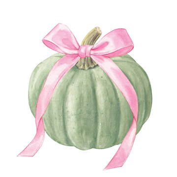 Green Pumpkin with Pink Ribbon Watercolor Illustration, Autumn Card