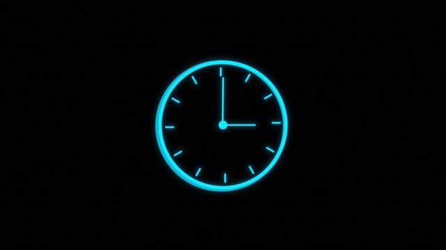 Glowing blue time symbol visual circular clock face, cyan hands, and clean black backdrop. for time management videos, app reminders, countdown screens, deadline alerts, and motion graphics.