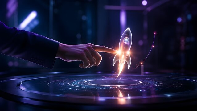 Futuristic business launch and digital transformation concept with hand touching interactive dashboard to launch glowing hologram rocket