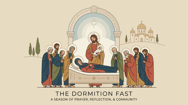Orthodox Dormition of the Theotokos illustration. Religious icon style Christian art design.