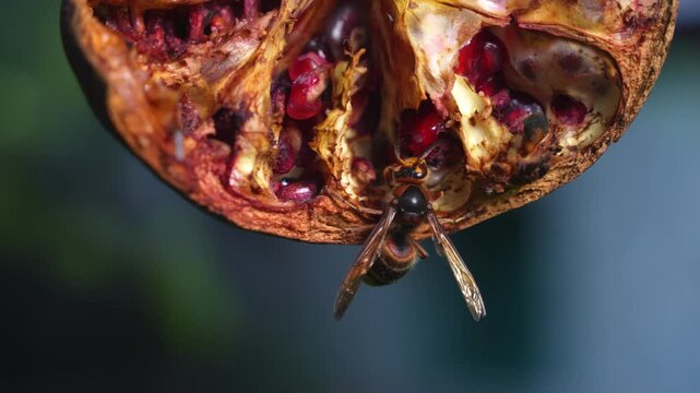 A wasp clings beneath a split overripe pomegranate, feeding on exposed seeds and pulp in a close up macro shot of nature and pollination.