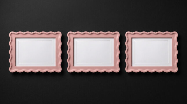 Three empty scalloped pink picture frames on dark surface.