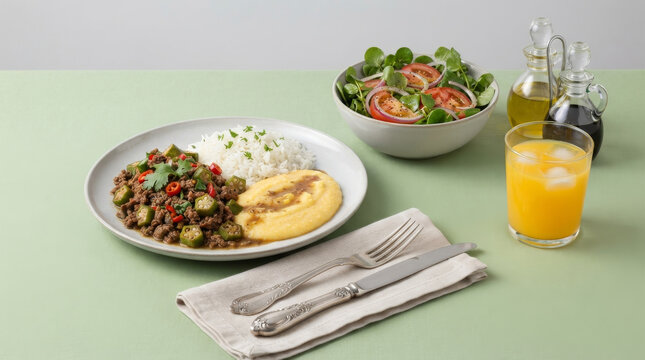 carne mo&iacute;da com quiabo, polenta cremosa e arroz branco, acompanhado de salada fresca e suco de laranja para almo&ccedil;o caseiro. 