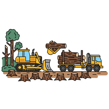 A yellow bulldozer loads timber onto a heavy transport truck in a forest clearing