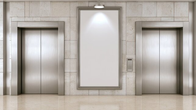 Bright elevator corridor with empty advertising poster frame.