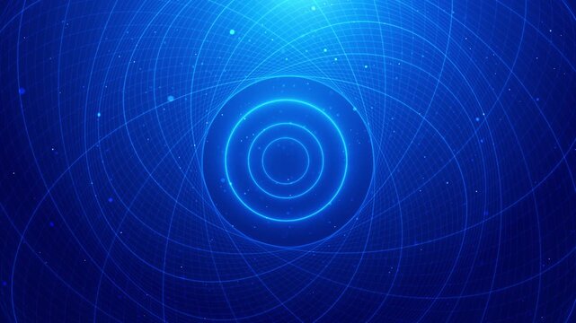 Futuristic blue portal ring visual circular target lines, curved grid tunnel, and glowing particle space. for sci fi intros, tech transitions, cyber videos, virtual scenes, and motion graphics.