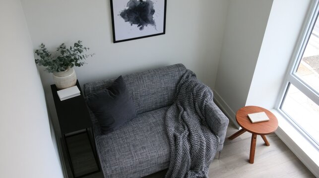 High angle view of gray sofa in small apartment.