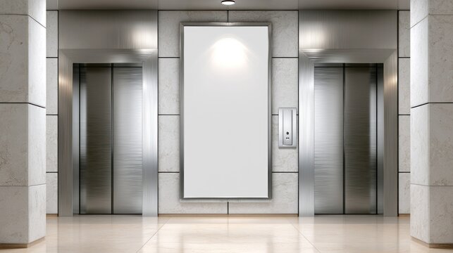 Modern elevator lobby with blank vertical poster mockup.