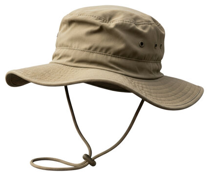 Beige outdoor wide brim sun hat with adjustable chin strap transparent background