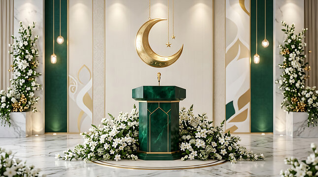 pakistan independence day Minbar sits elegantly in a mosque interior adorned with white flowers and a golden crescent moon symbol representing religious celebration.