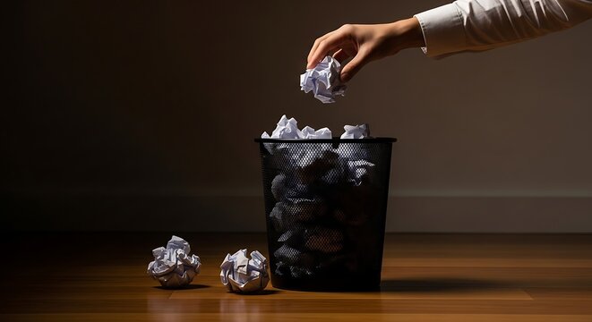 Hand throwing paper into trash bin. Discarding crumpled paper waste in office bin.