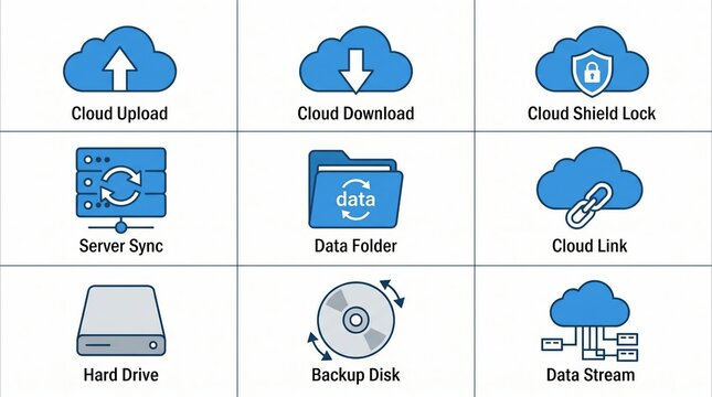 Collection of nine cloud computing and data storage icons on white background