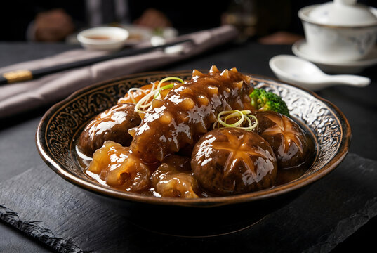 Luxury braised sea cucumber with shiitake mushrooms and rich glossy sauce