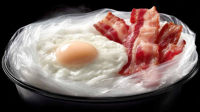 Fresh Breakfast Egg and Bacon in Black Bowl with Plastic Wrap