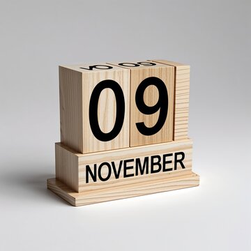 Wooden block calendar showing the date november 9th isolated on white background