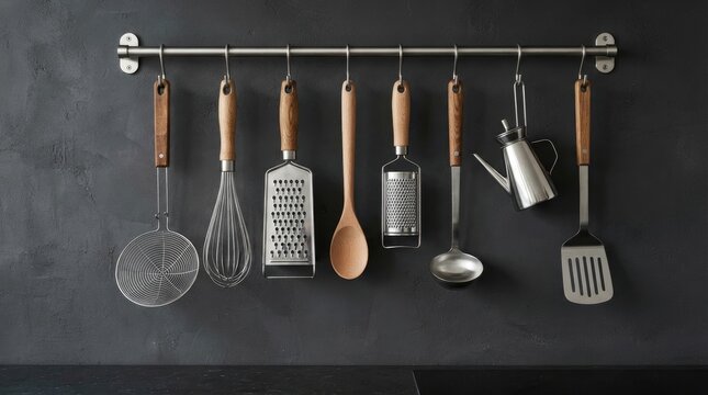 A variety of kitchen utensils hanging on a metal rack against a dark grey textured wall in a modern kitchen setup