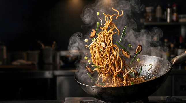 Dynamic longevity noodles tossed in wok with smoky wok hei and glossy sauce