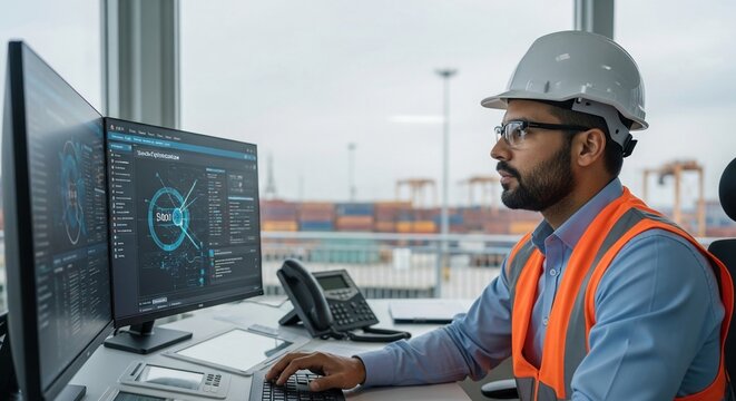 Port logistics engineer monitors container terminal operations on computer screen with data analysis dashboard, showcasing global shipping management.