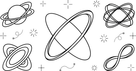 Abstract Outer Space and Planet Orbit Vector Set featuring Ringed Planets Sparkles and Cosmic Galaxy Design Elements © MDINSAN