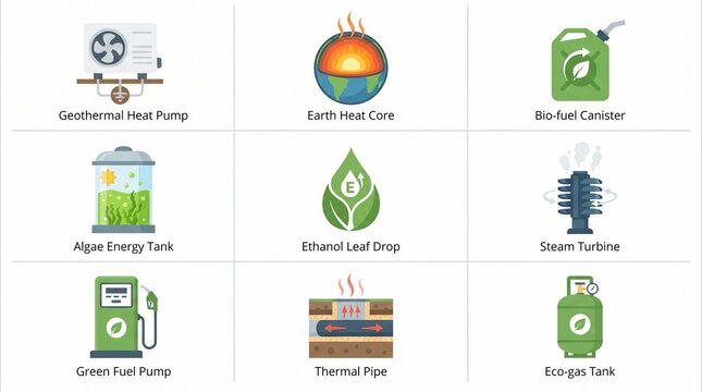 Illustration of various renewable energy sources and storage methods