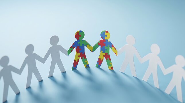 Paper people chain with autism puzzle patterns for neurodiversity inclusion awareness and community support banner.