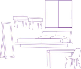 Fototapeta premium Bedroom furniture set line art vector illustration showcasing modern interior design elements