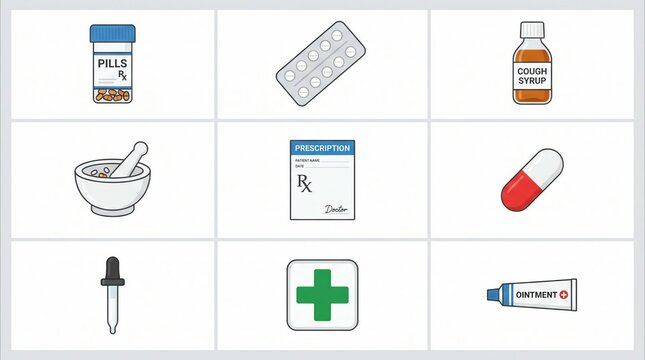 Assorted medical items including pills, syrup, and prescription on a grid