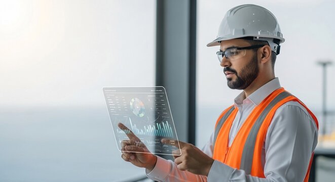 Maritime engineer analyzing futuristic holographic data on a transparent tablet, embodying technological advancement and predictive analysis in modern engineering projects.