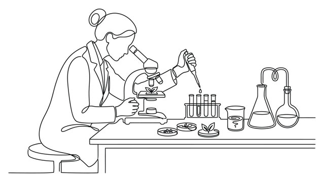 Continuous one line drawing of a female scientist working in a laboratory.