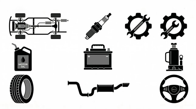 Collection of automotive parts and tools in black and white illustration