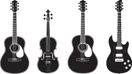Fototapeta premium Musical instrument silhouette set including acoustic guitars electric guitar and violin shown from front view on transparent background.