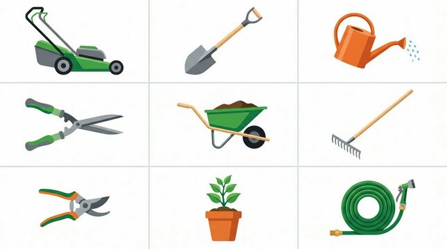 Collection of gardening tools and equipment on a white background