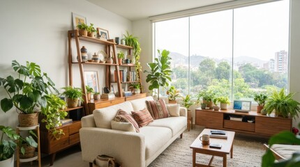 Fototapeta premium Cozy living room filled with lush green houseplants and natural light