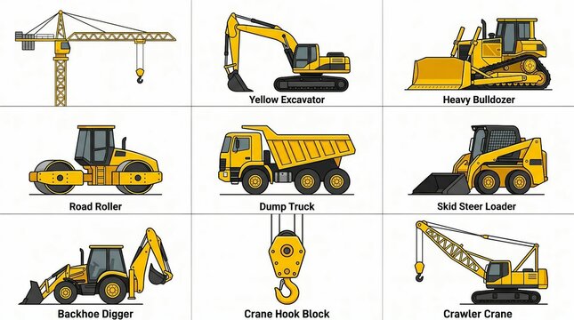 Collection of yellow construction vehicles and equipment illustration