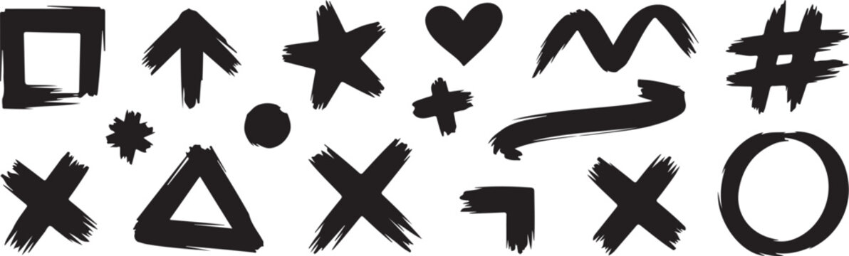 Black ink brush stroke shapes set with hand drawn artistic textures for scrapbooking journal decorations and creative project.
