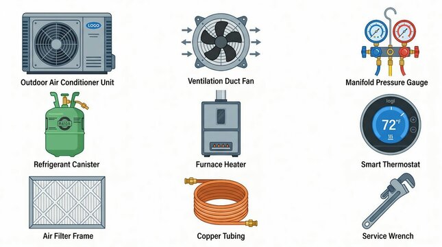 Illustration of HVAC equipment including air conditioner and furnace heater