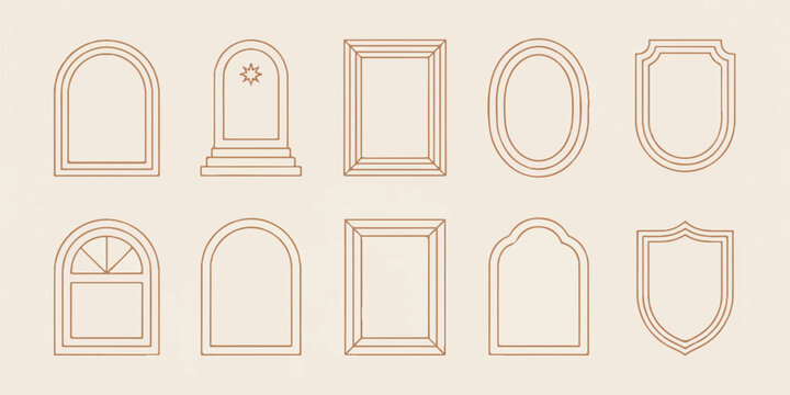 Minimalist outline frames set featuring elegant geometric shapes and vintage arch styles for wedding stationery card layouts.
