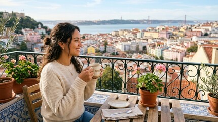 Fototapeta premium Woman enjoying coffee on a balcony with a scenic city view in Lisbon