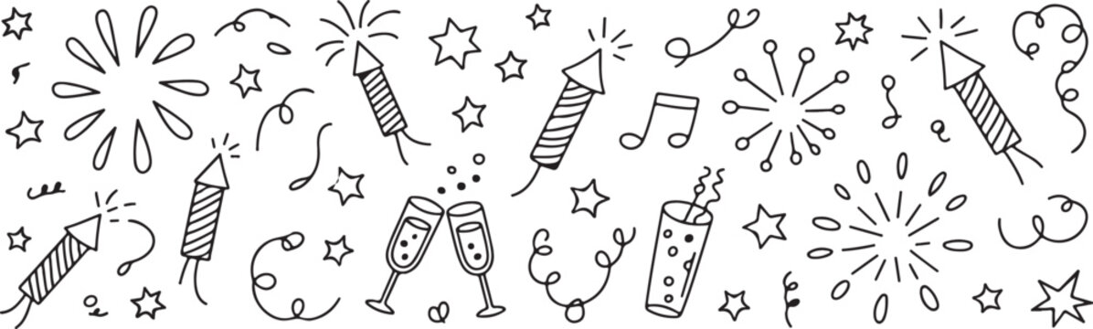 New year party doodles set with firecrackers, fireworks, champagne glasses, stars, and music notes on transparent background.