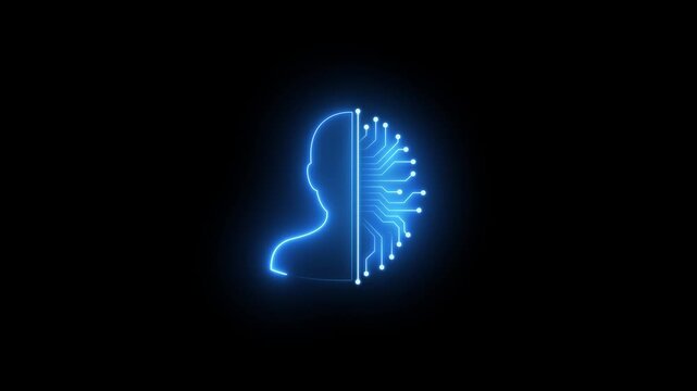 Artificial intelligence human head concept with glowing digital circuitry neural network animation machine learning