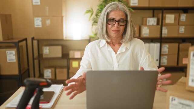 Woman with interlaced hands under chin resting at laptop among parcels and boxes in a packing building; small business pride.