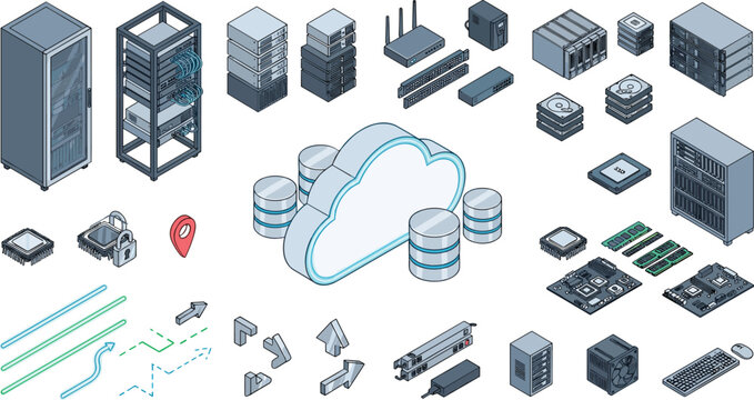 Isometric Cloud Computing Network and Datacenter Hardware Icon Set with Mainframe Server Racks Database Storage Microchip CPU RAM Motherboard Components for Technology Infrastructure,