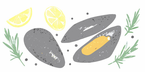 Watercolor Illustration Of Mussels With Lemon Slices And Rosemary Sprigs © Tapan