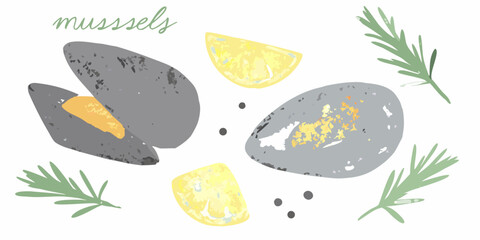 Mussels And Lemon Watercolor Illustration With Rosemary Sprigs © Tapan