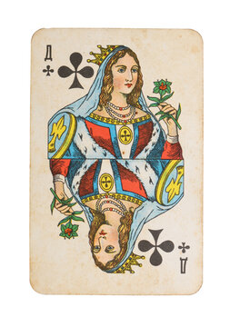 Old vintage Queen of Clubs playing card isolated on white.