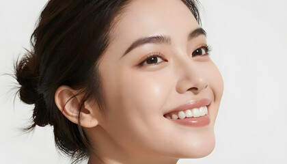 Obraz premium Smiling Young Beauty Woman with Glowing Healthy Skin, Natural Makeup and Radiant Face Portrait on White Studio Background